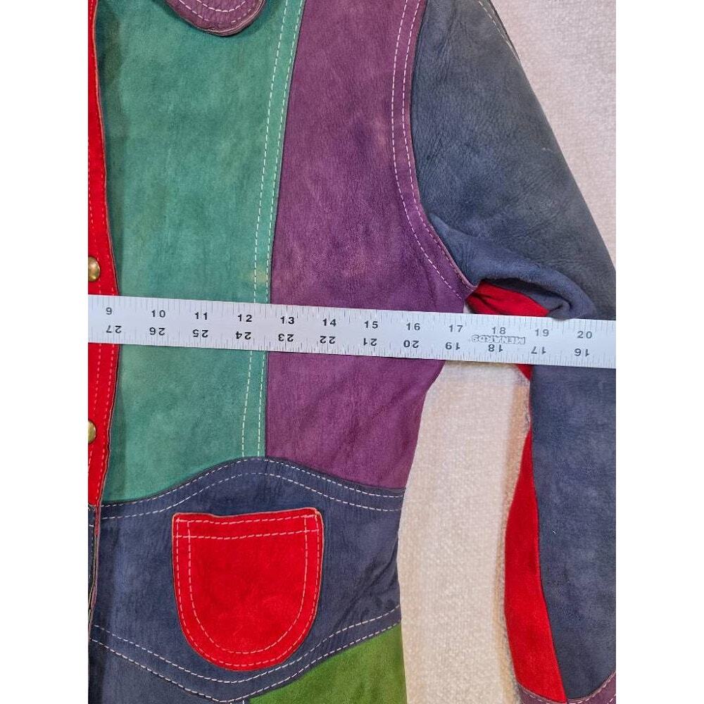Vintage 70s Patchwork Suede Leather Trench Coat Colorblock Boho Jacket Small - Picture 3 of 8